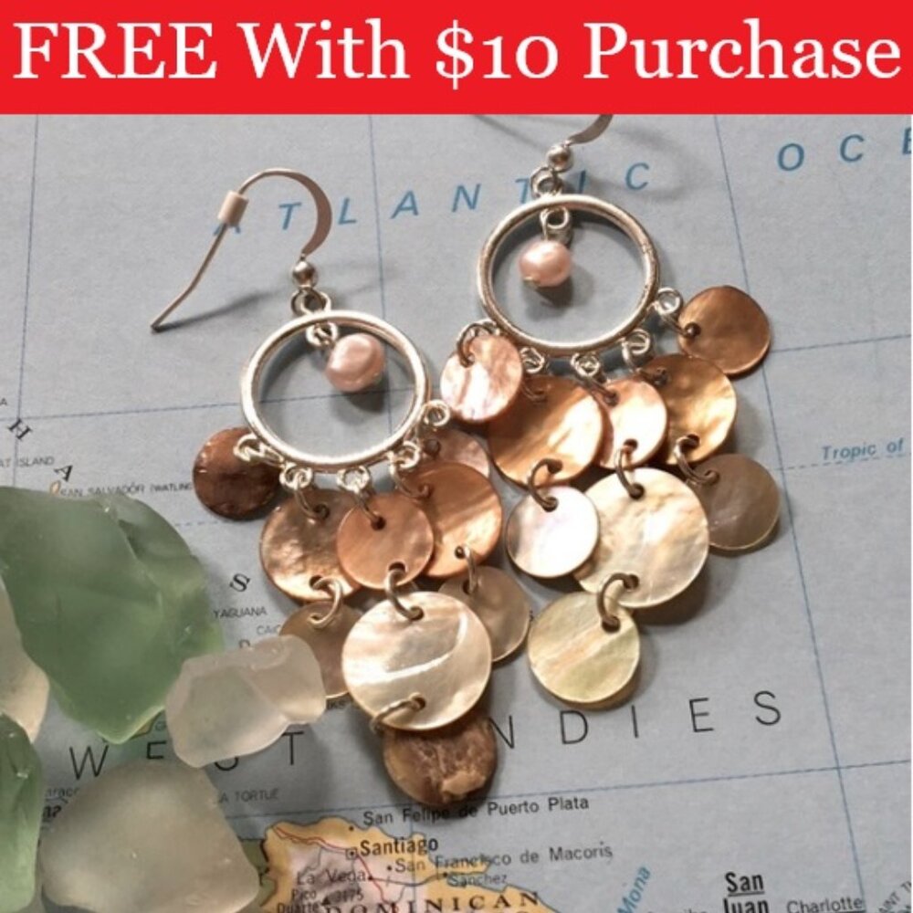 Thin Seashell Disk Fresh Water Pearl Silver Tone Sea Shell Earrings RED BANNER